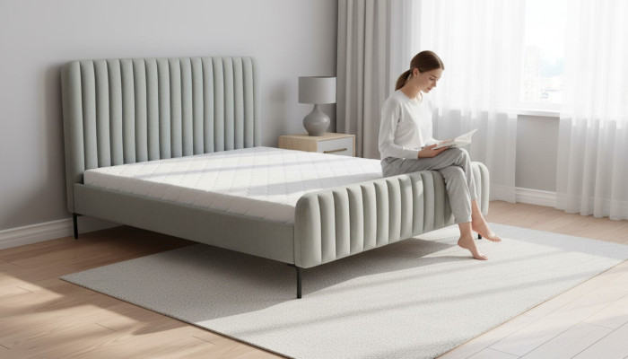 Szara sypialnia dwuosobowa meble design eleganckie materiałowe wyposażenie hotelowe
