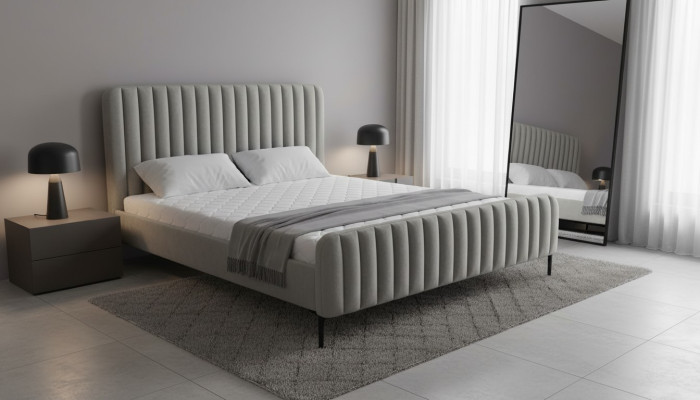 Szara sypialnia dwuosobowa meble design eleganckie materiałowe wyposażenie hotelowe