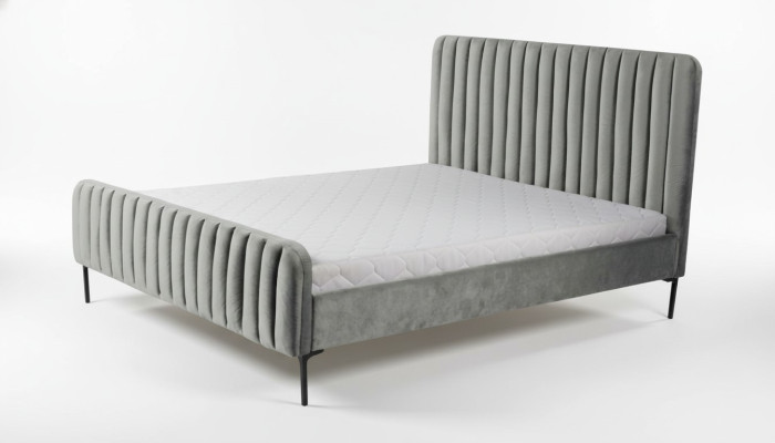 Szara sypialnia dwuosobowa meble design eleganckie materiałowe wyposażenie hotelowe