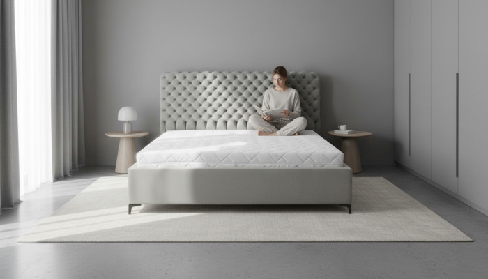 Szare łóżko Chesterfield Klasyczne meble do sypialni Design Elegancki materiał