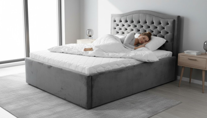 Szare łóżko Chesterfield Klasyczne meble do sypialni Design Elegancki materiał