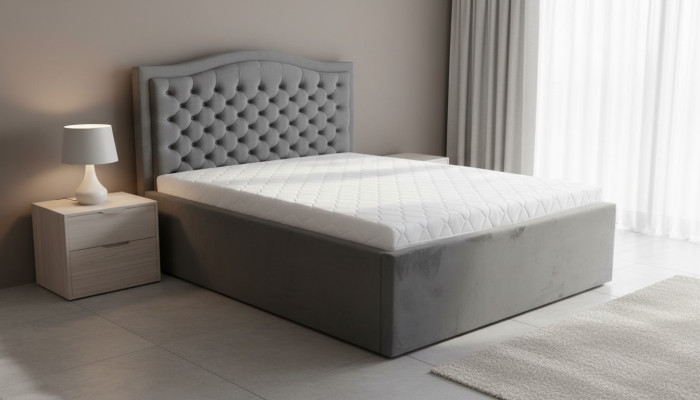 Szare łóżko Chesterfield Klasyczne meble do sypialni Design Elegancki materiał