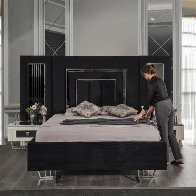 Sypialnia Łóżko 2x Szafki nocne Zestaw luksusowych łóżek Kompletny Design Meble 3-częściowy