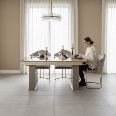 Stół obiadowy Szary Nowoczesna jadalnia Piękna Kuchnia Drewno stoły Design Luxury Metal Nowość
