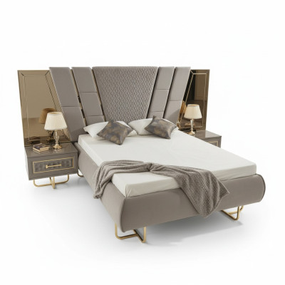 Luksusowe łóżko hotelowe z 2x Stolik nocny Gold Shiny Meble Sypialnia