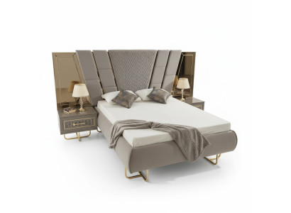 Luksusowe łóżko hotelowe z 2x Stolik nocny Gold Shiny Meble Sypialnia