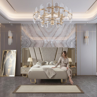 Luksusowe Sypialnia Stolik nocny Łóżko 3-częściowe. Kompletny zestaw designerskich mebli