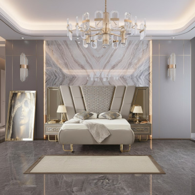 Luksusowe Sypialnia Stolik nocny Łóżko 3-częściowe. Kompletny zestaw designerskich mebli