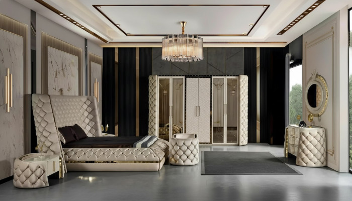 Sypialnia Zestaw Chesterfield Meble Design Łóżko Szafa Lustro 7-częściowy.
