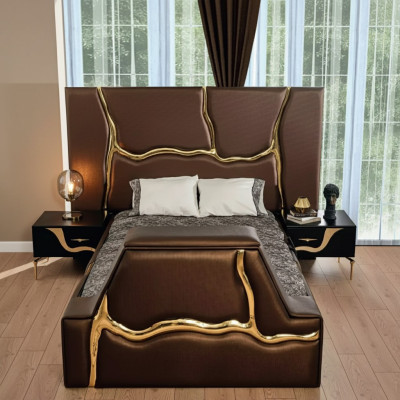 Sypialnia Łóżko 2x Szafki nocne Zestaw luksusowych łóżek Kompletny Design Meble 3 sztuki.