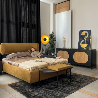 Łóżko Żółte Piękny Design Nowoczesne Sypialnia Łóżko Podwójne Eleganckie Meble