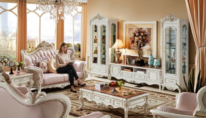 Gablota Biały Luksusowy Salon Meble Drewno Szkło Design Elegancka Klasyka