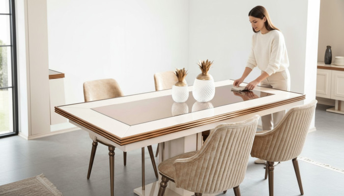 Luksusowy Stół obiadowy Tabela Beżowy Szklany Stół Drewniany Stół Designerski Tischer Kuchnia
