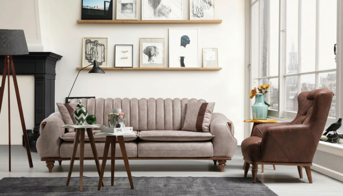 Designerski Zestaw sofowy 3+1 Siedziba stolik kawowy Narzuta na sofę Włókienniczy Brązowe Drewno