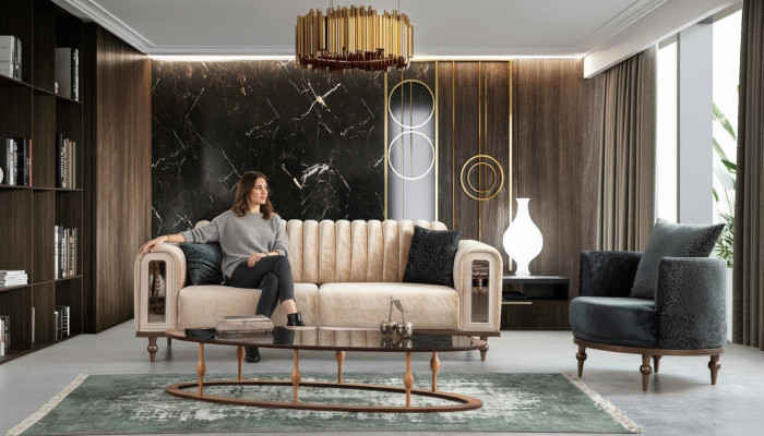 Designerski nowoczesny komplet wypoczynkowy Zestaw sofowy zestaw do salonu 3+1 stolik kawowy beżowy