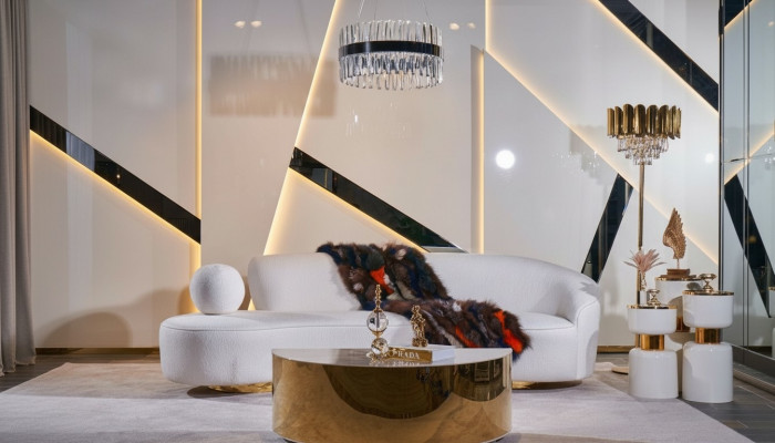 Nowoczesna Sofa Biała Luksusowa Podkładka 3-miejsce do siedzenia Półokrągły stolik kawowy 2-częściowy