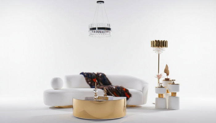 Nowoczesna Sofa Biała Luksusowa Podkładka 3-miejsce do siedzenia Półokrągły stolik kawowy 2-częściowy