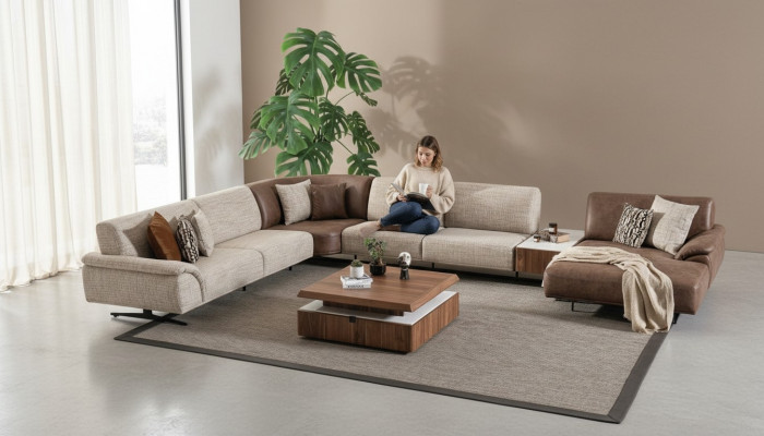 Żywy krajobraz Narożnikowa kanapa Ustawić Design Nowoczesny stolik kawowy Brown 2-częściowy