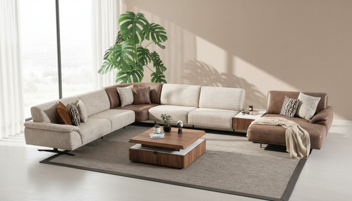 Żywy krajobraz Narożnikowa kanapa Ustawić Design Nowoczesny stolik kawowy Brown 2-częściowy