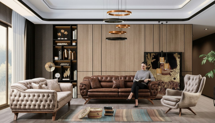 Zestaw sofowy 3+3+1 miejsce do siedzenia Meble Set Design Sofy sztuczna skóra Chesterfield