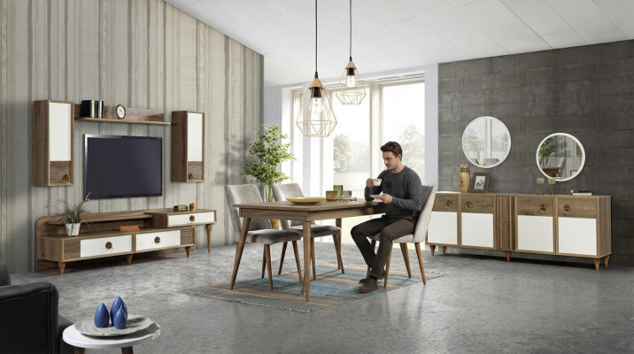 Zestaw jadalnia Tabela 4x Krzesła Kredens Zestaw Ustaw Design Drewno Włókienniczy