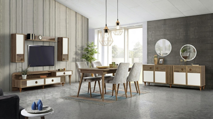 Zestaw jadalnia Tabela 4x Krzesła Kredens Zestaw Ustaw Design Drewno Włókienniczy