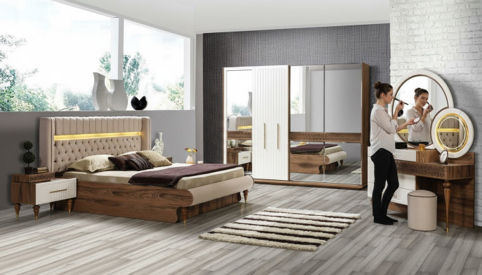 Sypialnia Łóżko 2x Szafki nocne 5-częściowy komplet Kompletny design Meble luksusowe
