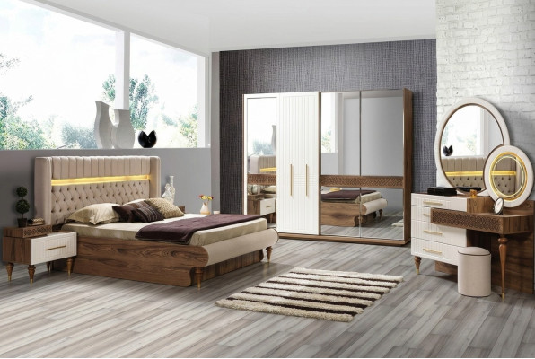 Sypialnia Łóżko 2x Szafki nocne 5-częściowy komplet Kompletny design Meble luksusowe