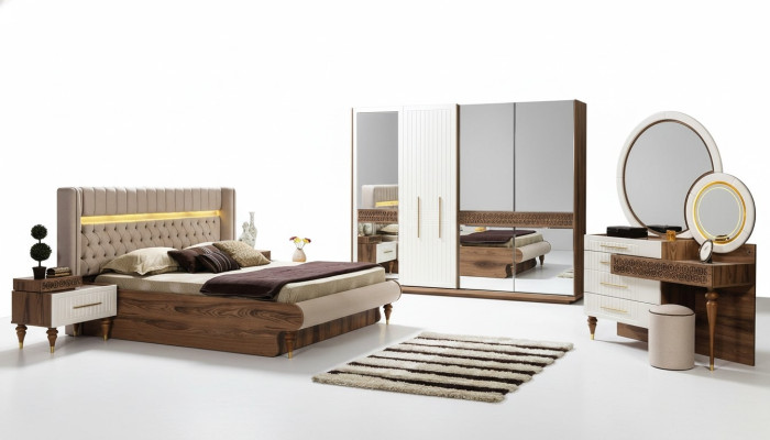Sypialnia Łóżko 2x Szafki nocne 5-częściowy komplet Kompletny design Meble luksusowe