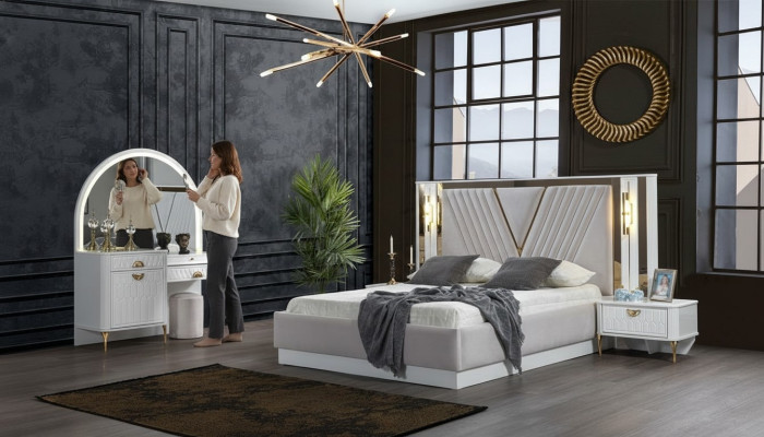 Sypialnia Zestaw Łóżko 2x Stolik nocny 4-częściowy design nowoczesny luksus w komplecie