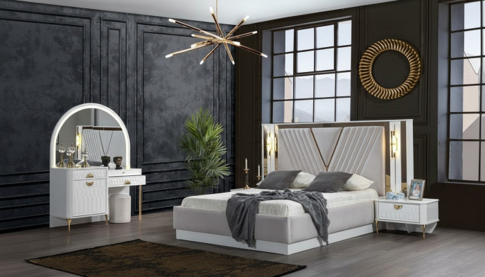 Sypialnia Zestaw Łóżko 2x Stolik nocny 4-częściowy design nowoczesny luksus w komplecie