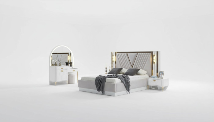 Sypialnia Zestaw Łóżko 2x Stolik nocny 4-częściowy design nowoczesny luksus w komplecie