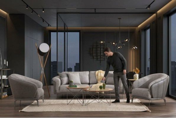 Zestaw sofowy Sofa 3 miejsce do siedzenia Szary Fotel Meble do salonu Luxury Design