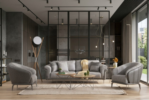 Zestaw sofowy Sofa 3 miejsce do siedzenia Szary Fotel Meble do salonu Luxury Design