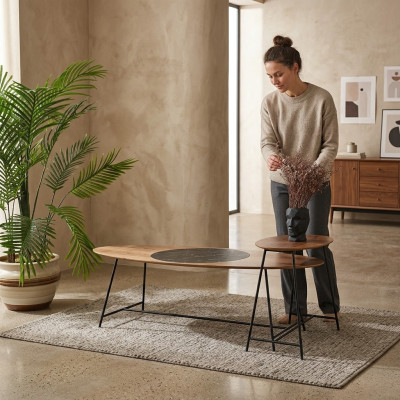 Nowoczesny stolik kawowy Stolik Design Living Room Drewno Owalny 2-częściowy.