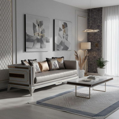 Designerska Sofa Modern Luxury 3 miejsce do siedzenia Drewno Meble Podkładka Włókienniczy Szara Nowa