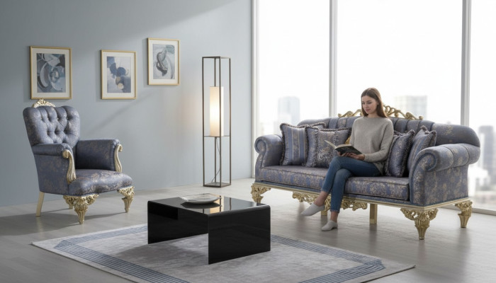 Sofa 3 miejsce do siedzenia Włókienniczy Fotel Couch Podkładka Meble 3+1 Trzyosobowa Niebieska