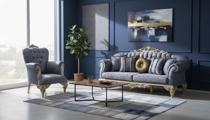 Sofa 3 miejsce do siedzenia Włókienniczy Fotel Couch Podkładka Meble 3+1 Trzyosobowa Niebieska