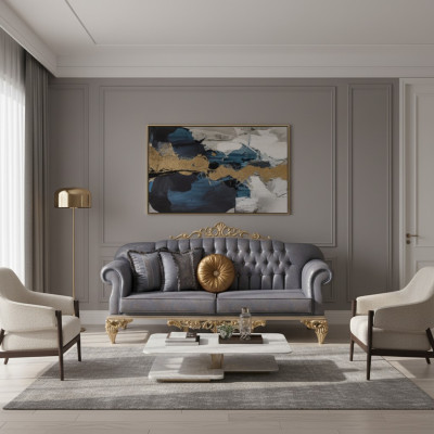 Wyrafinowana klasyczna sofa w stylu Chesterfield w salonie ze złotymi poduszkami