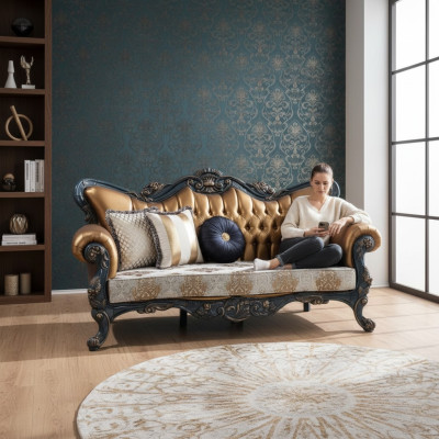 Wykwintna sofa w klasycznym stylu ze złotymi elementami w salonie