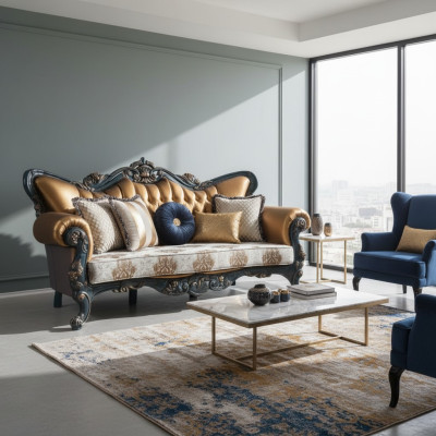 Wykwintna sofa w klasycznym stylu ze złotymi elementami w salonie