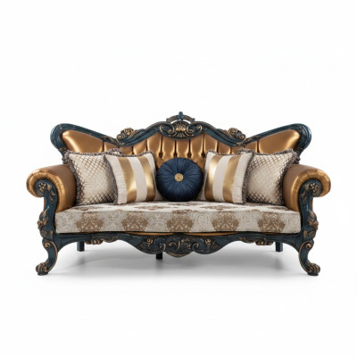 Wykwintna sofa w klasycznym stylu ze złotymi elementami w salonie