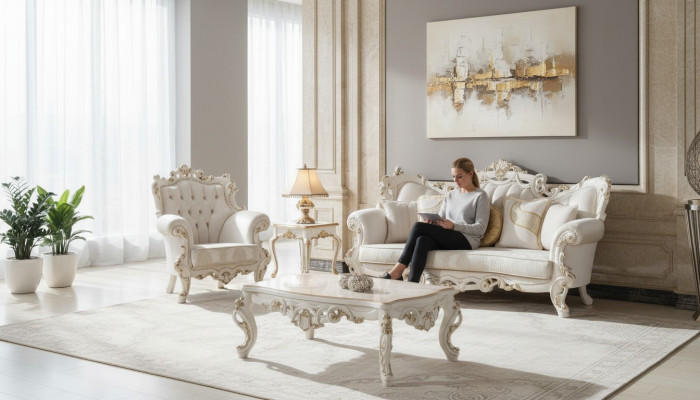 Chesterfield Sofa Podkładka Ustawić 3+1 Siedziba Biały Włókienniczy trzyosobowy stolik kawowy