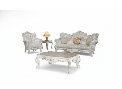 Chesterfield Sofa Podkładka Ustawić 3+1 Siedziba Biały Włókienniczy trzyosobowy stolik kawowy