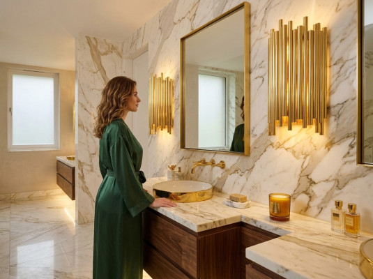 Kinkiet ścienny w pięknym stylu, nowoczesny salon, metalowa podstawa, nowe złoto