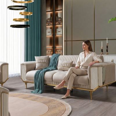 Luksusowa Sofa 3 miejsce do siedzenia Salon Beżowy Nowoczesny Design 234cm Sofy Meble