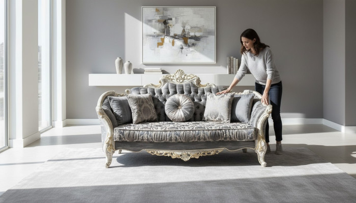 Sofa Barokowa 3 Siedziba Szary Salon Klasyczny Design Sofa Włókienniczy