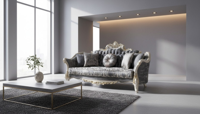 Sofa Barokowa 3 Siedziba Szary Salon Klasyczny Design Sofa Włókienniczy
