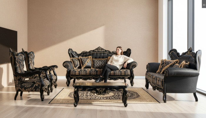 Zestaw Sofa 3+3+1+1 miejsce do siedzenia stolik kawowy Salon Luksusowy Czarny Zestaw sofowy Nowość
