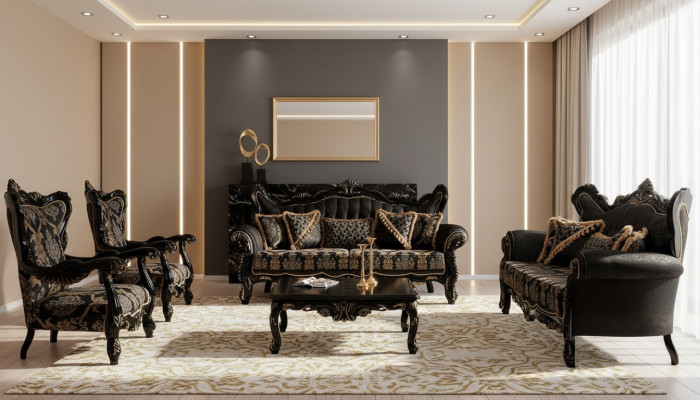 Zestaw Sofa 3+3+1+1 miejsce do siedzenia stolik kawowy Salon Luksusowy Czarny Zestaw sofowy Nowość